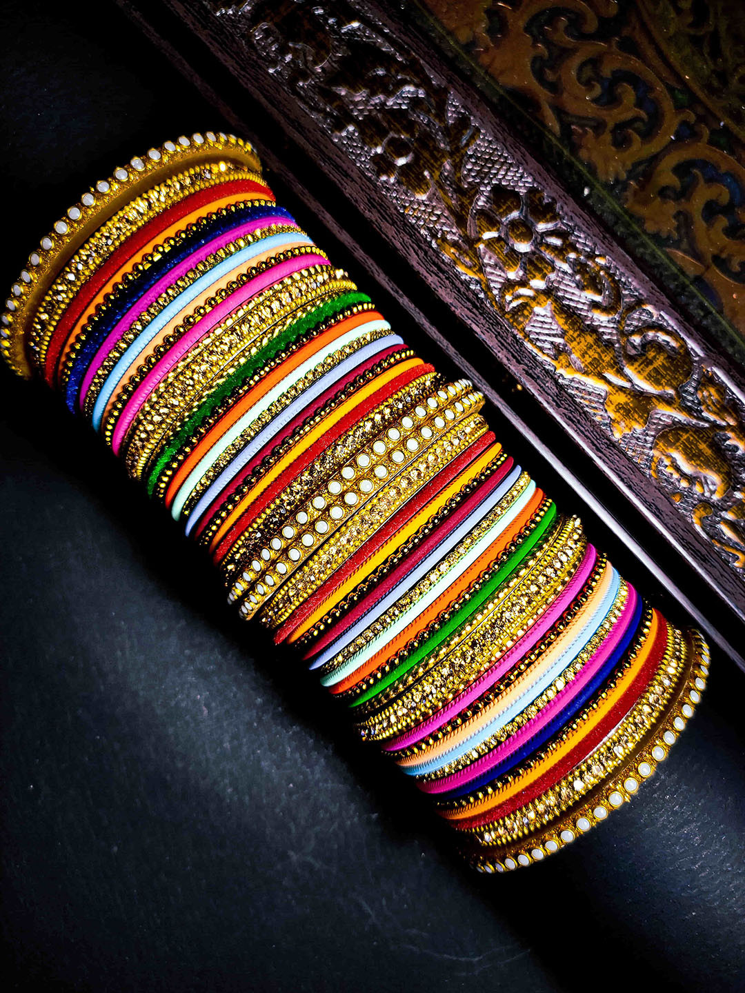 Amika Set Of 50 Gold-Plated Artificial Stones-Studded & Beaded Bangles