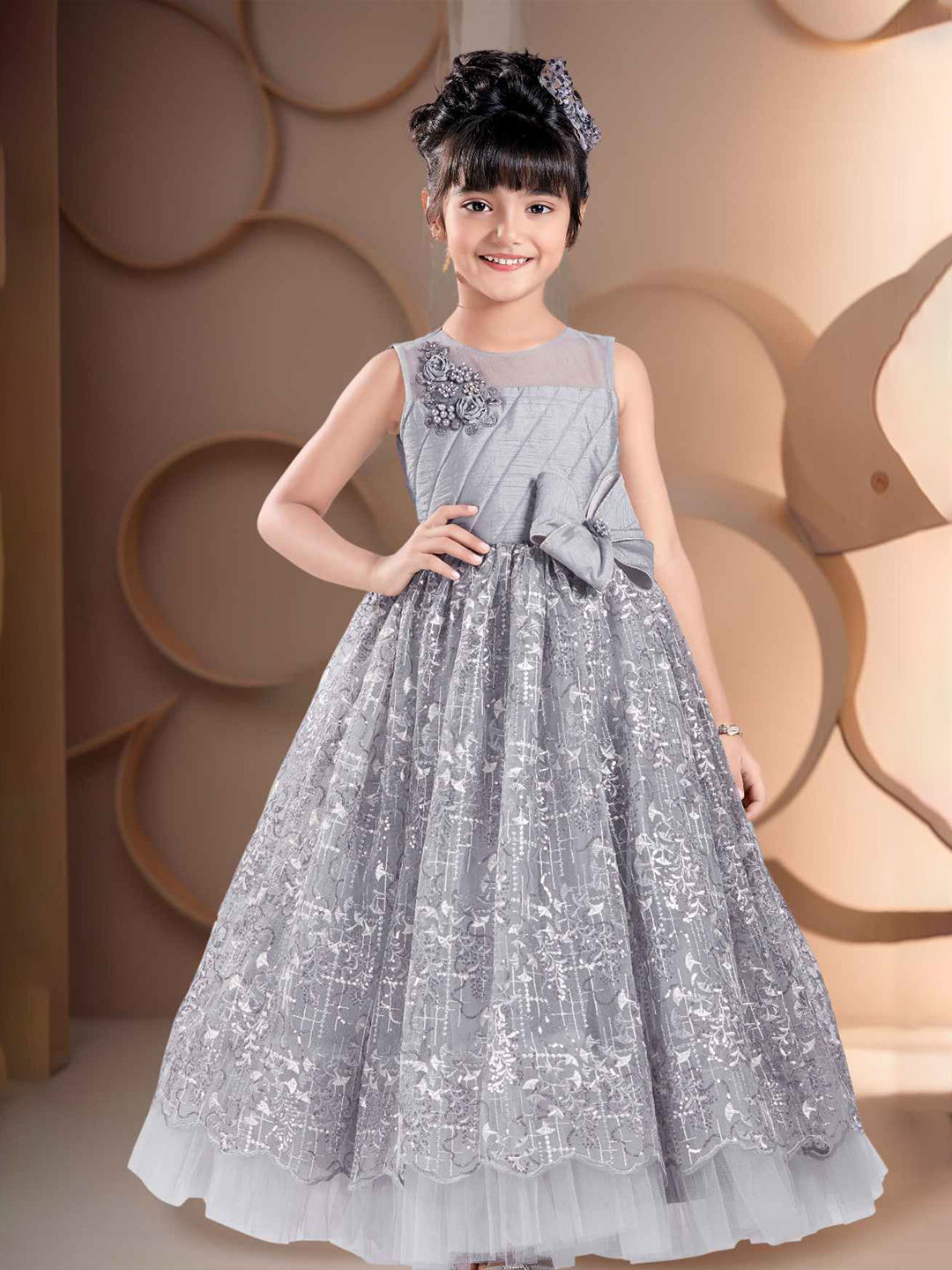 Lagorii Girls Embroidered Net Party Gown with Bow Detail