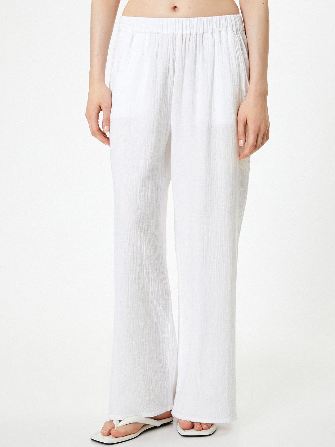 Koton Women Pure Cotton Mid Rise Parallel Relaxed Fit Trousers