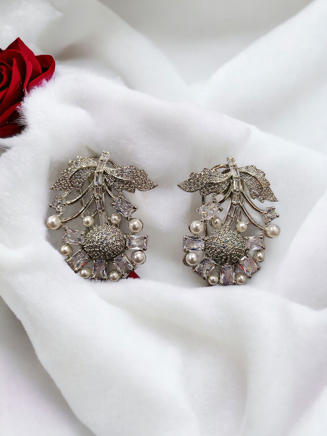 RinGold Rhodium Plated AD Studded And Beaded Floral Shaped Drop Earrings