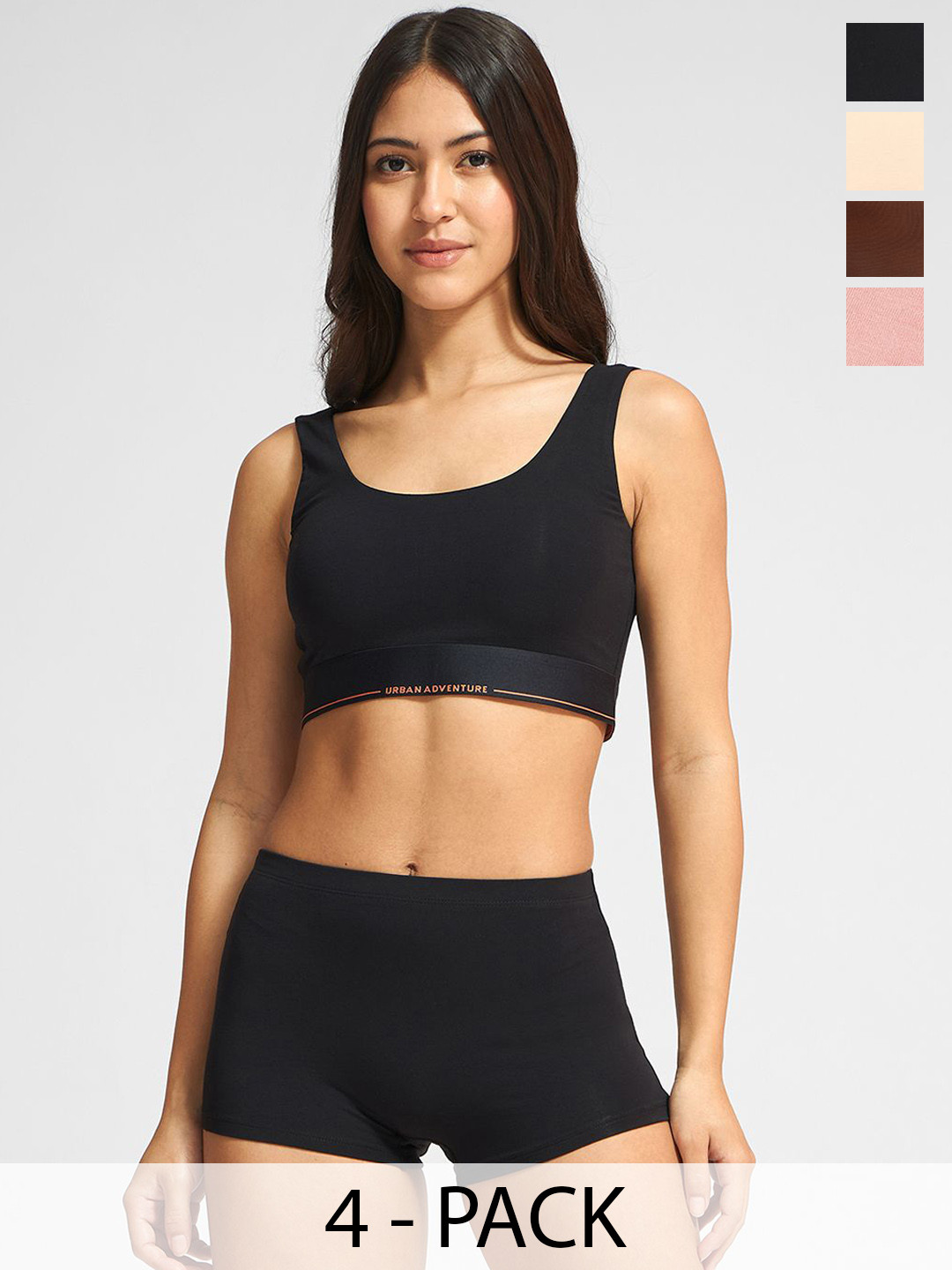URBAN ADVENTURE Women Pack of 4 Mid-Rise Boyshorts Briefs 4UAW-019(BLK-BEIGE-PINK-CHOC)
