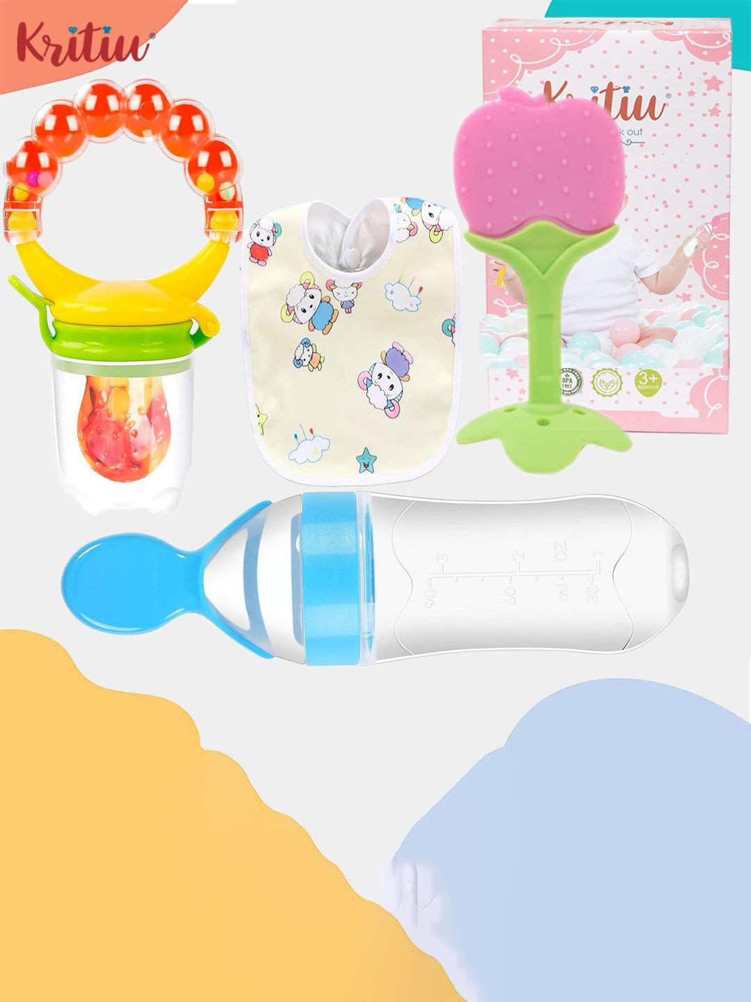 Kritiu Set Of 4 Fruit Feeder, Food Feeder, Teether & Bib