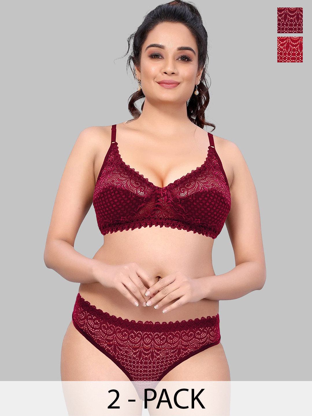 DHANDAI FASHION Pack Of 2 Non Padded Lingerie Set Decent Set-Maroon Red (M-3-2P)
