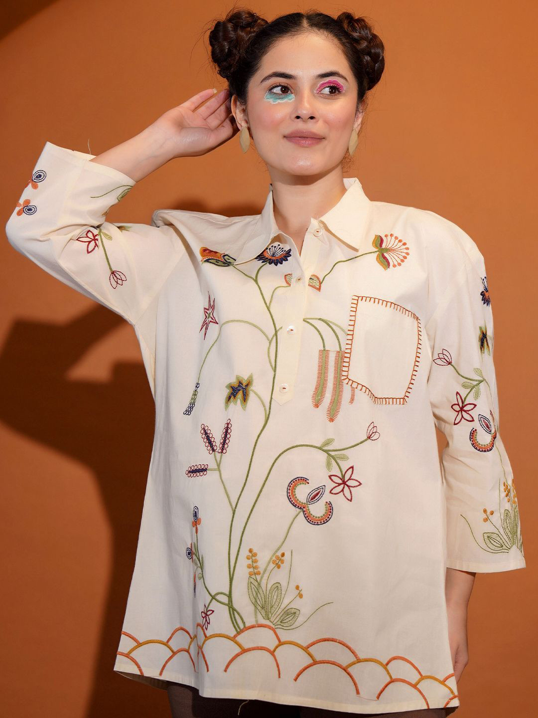ZUMMER Tropical Embroidered Cotton Shirt Style Top