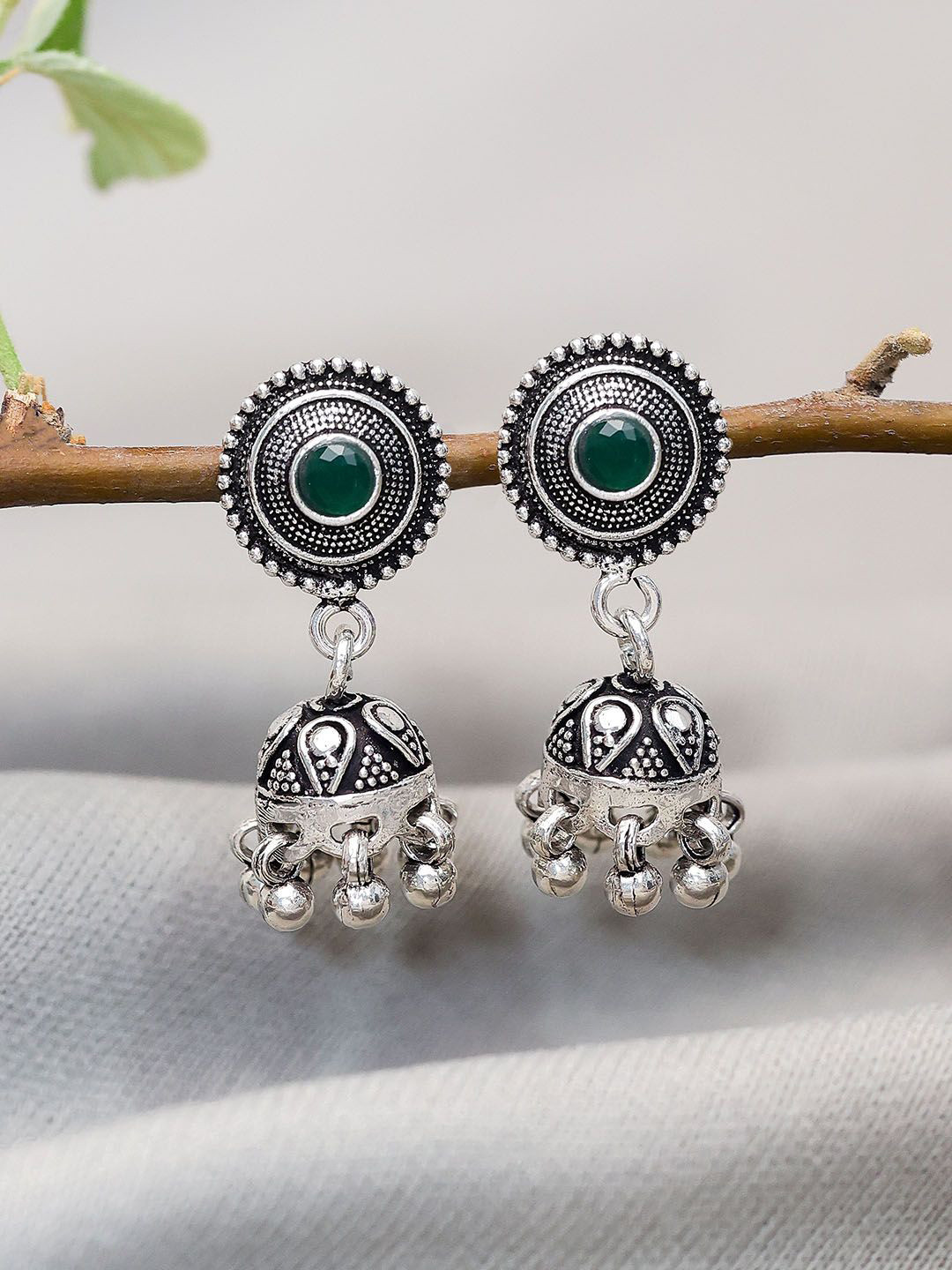 Tweov Jewels 925 Sterling Silver Stone studded Oxidized Dotted Jhumka Earrings