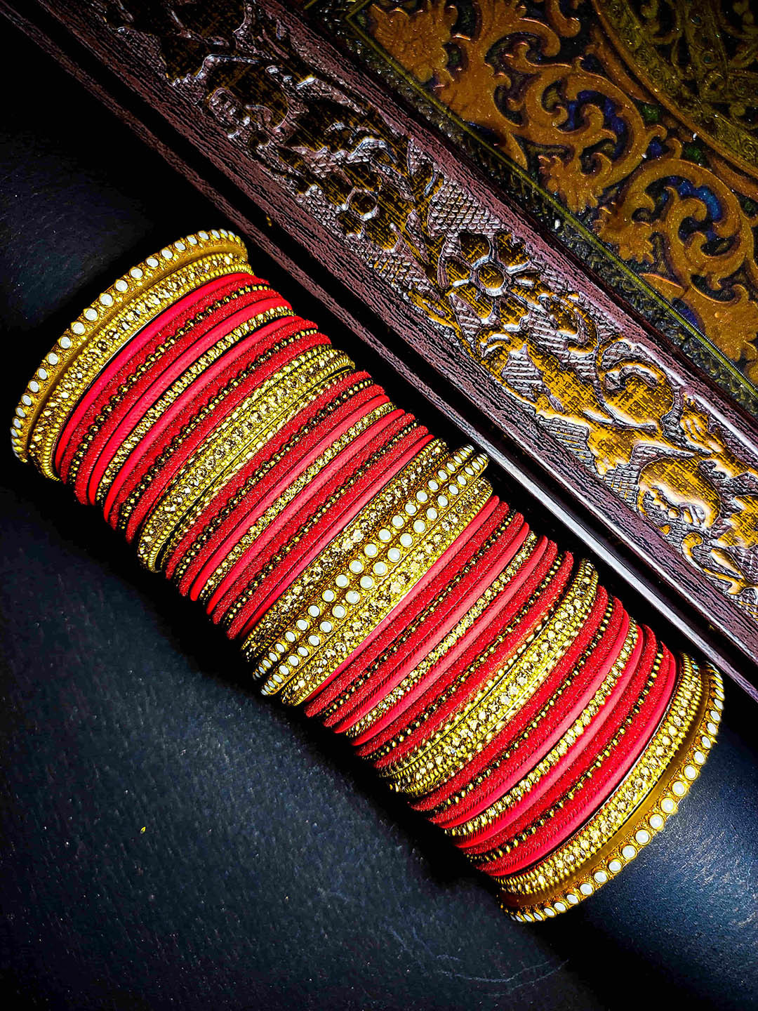 Amika Set Of 50 Gold-Plated Artificial Stones and Beads-Studded Bangles