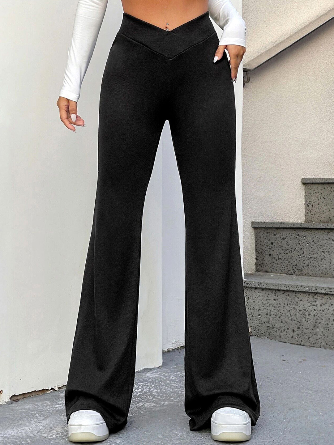 Stylecast X Slyck Solid Black Flared Wide Leg Trouser