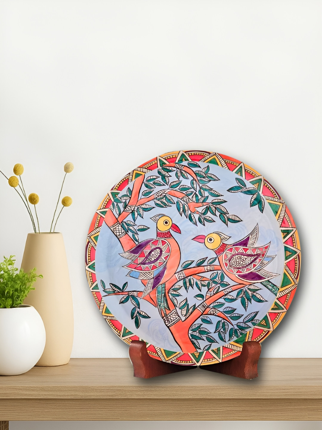 Aura Madhubani Single Wall Plate Metal Floral Glossy Hanging Hall Wall Plates-9.8In