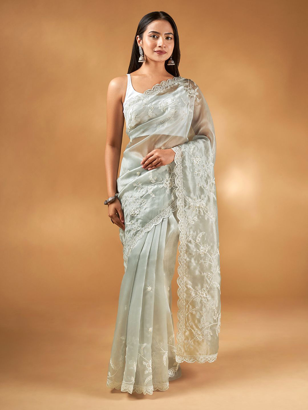 TEEJH Urmisha Grey Organza Saree
