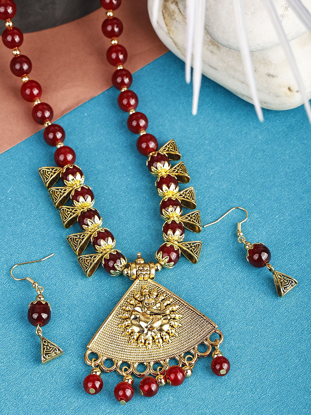 PUJVI Artificial Stones Studded & Beaded Oxidised Ganesh Triangle Jewellery Set