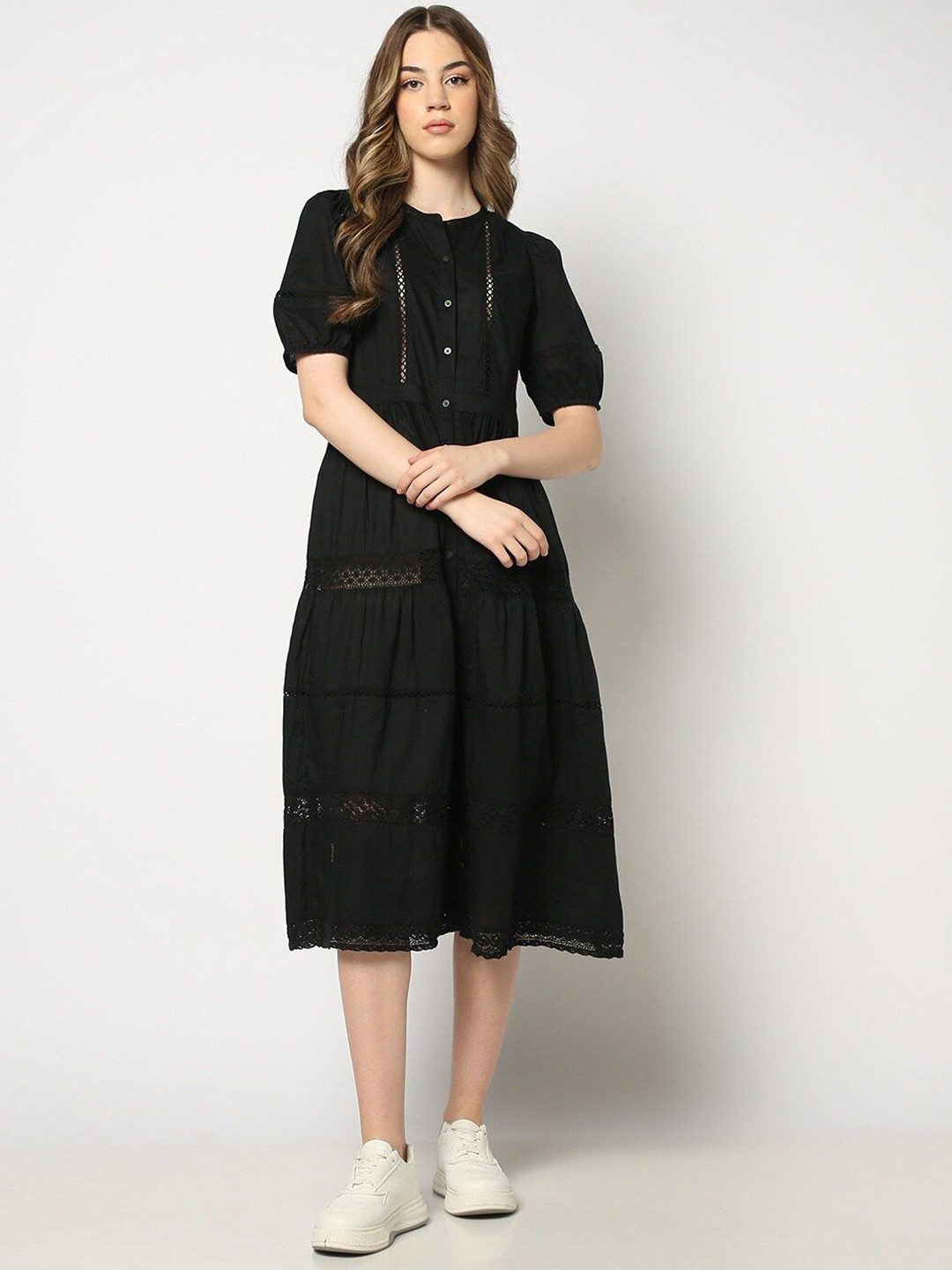GAP Pure Cotton Puff Sleeves Tiered A-Line Midi Dress With Camisole