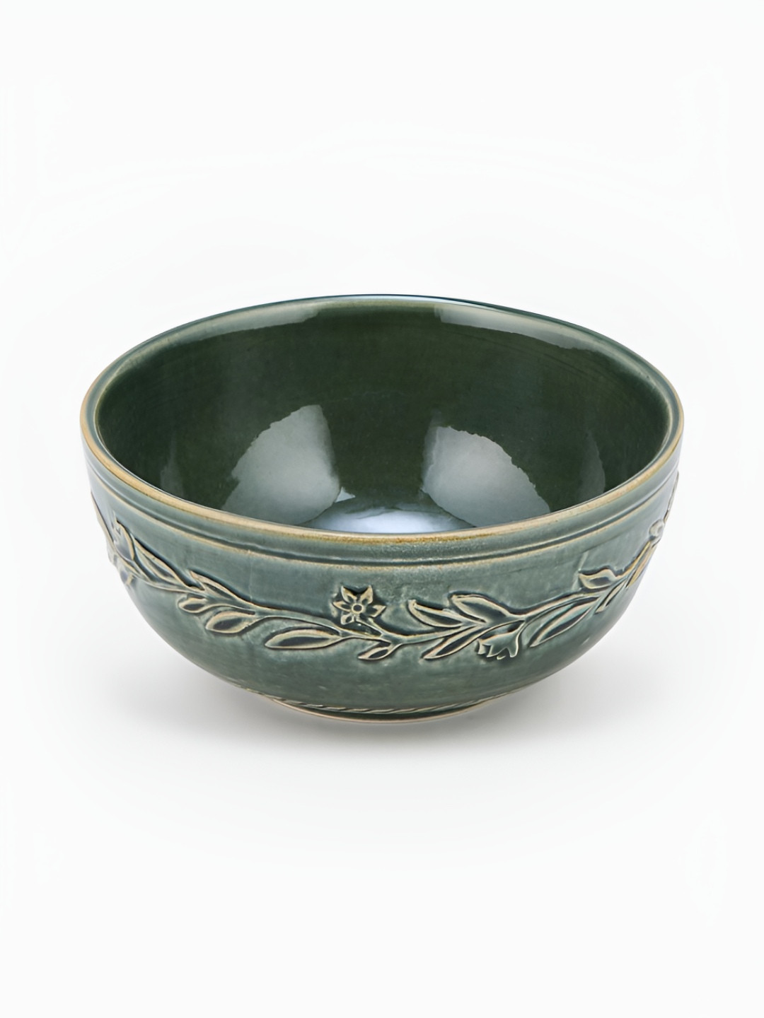 Fabindia Ahilya Green Textured Matte Dishwasher & Microwave Safe Ceramic Serving Bowl