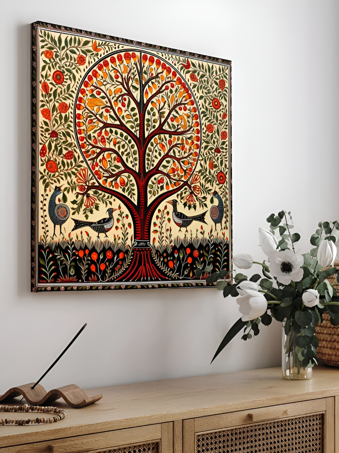 Art Street Yellow & Red Madhubani Art of Tree And Birds Canvas Wall Art