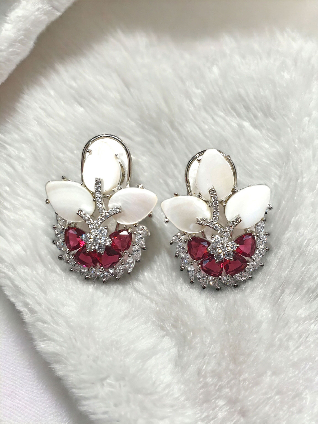 RinGold Silver-Plated American Diamond Studded Floral Shaped Drop Earrings