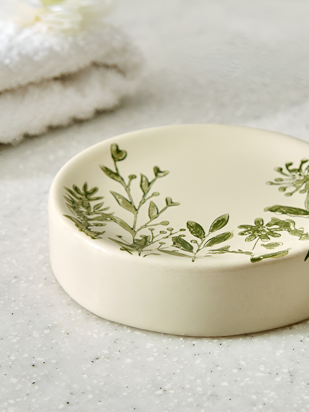 Home Centre Beige & Green Floral Ceramic Soap Dish