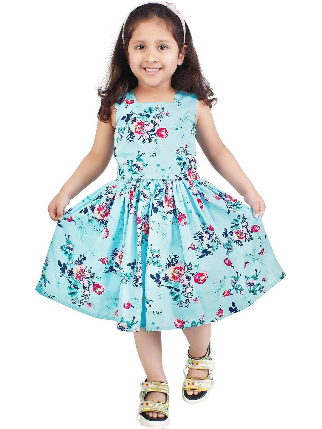 Alisha Moda Girls Turquise Floral Printed Crepe Dress