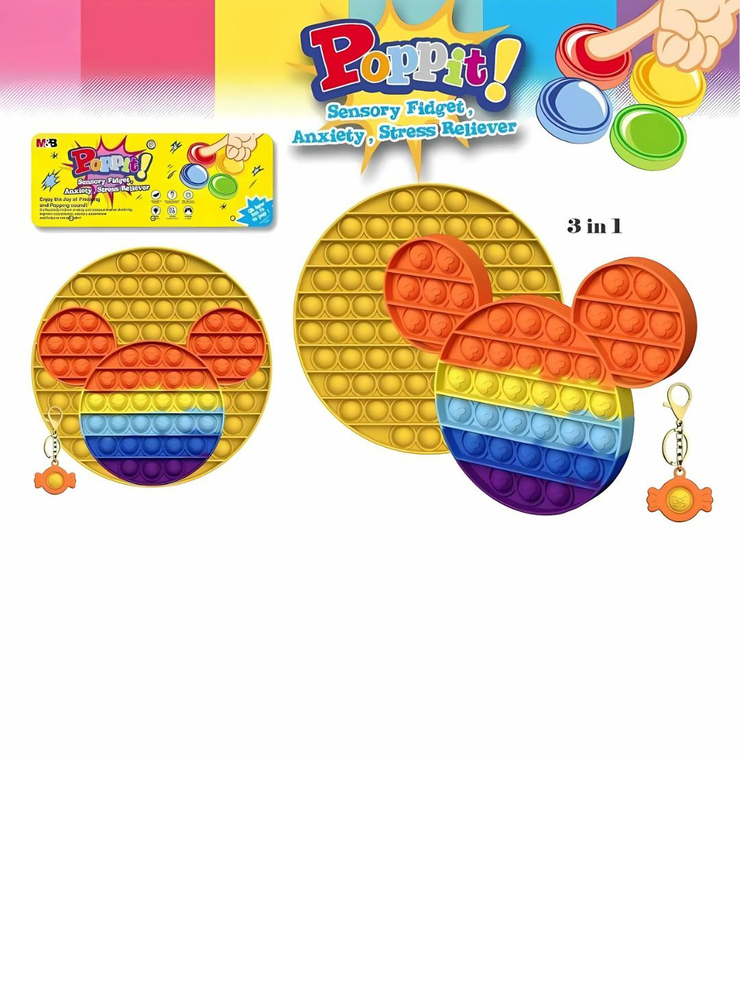YK Kids 3-In-1 Mickey Face, Round Pop It Fidget Toy Set With Key Chain