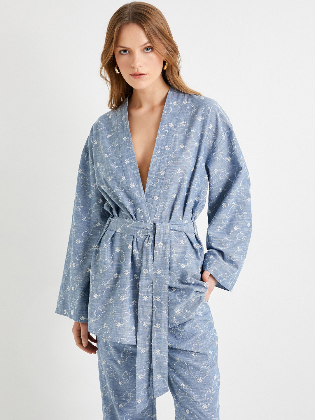 Koton Women Embroidered Pure Cotton Belted Robe