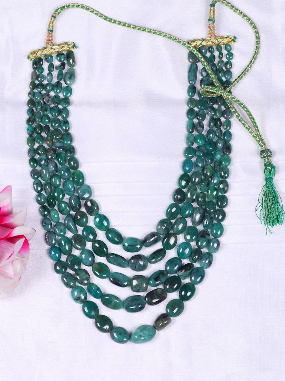 Raj Gems Natural Emerald Gemstone Oval Beads Layered Necklace