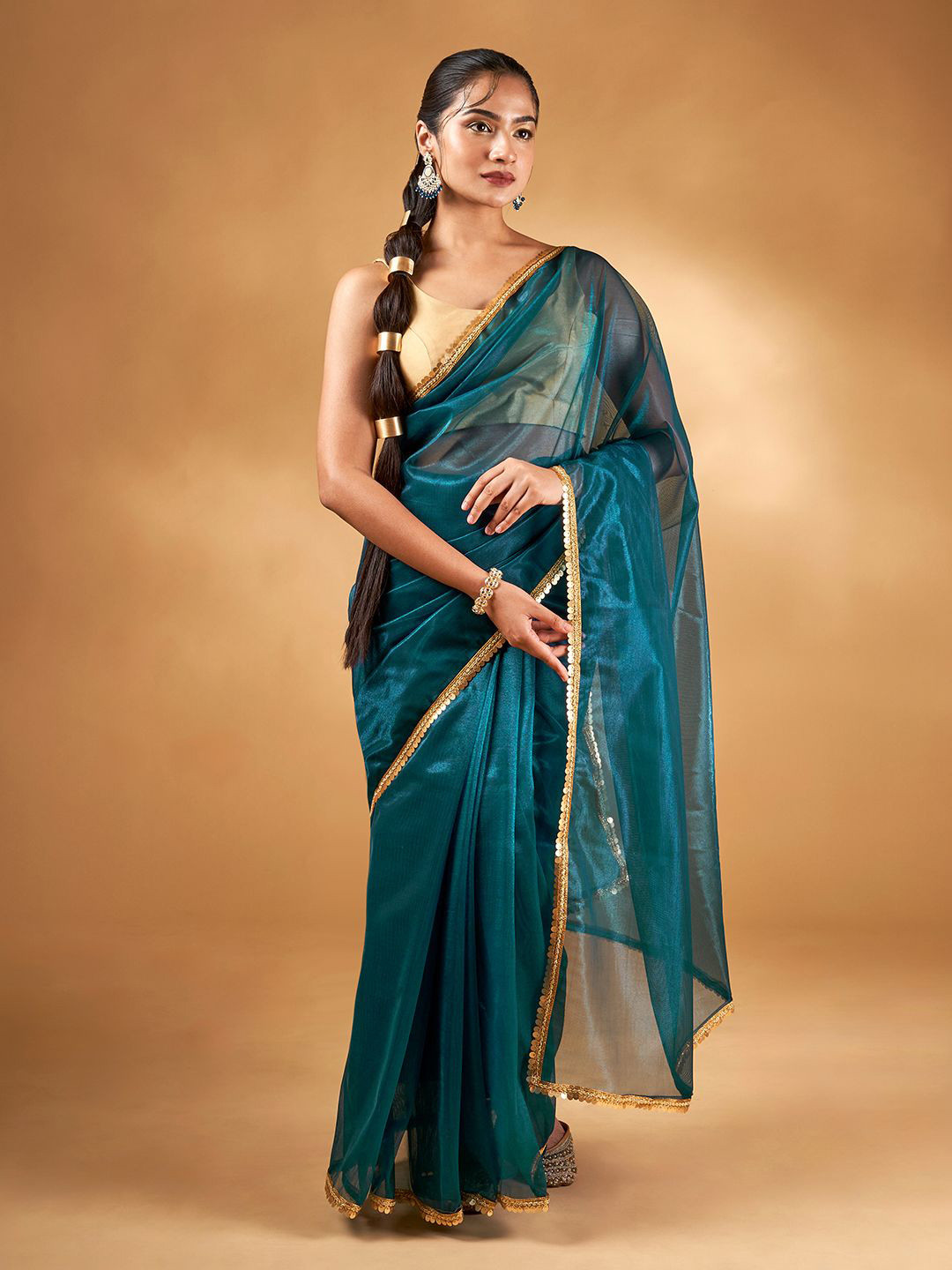 TEEJH Iraja Teal Net Saree