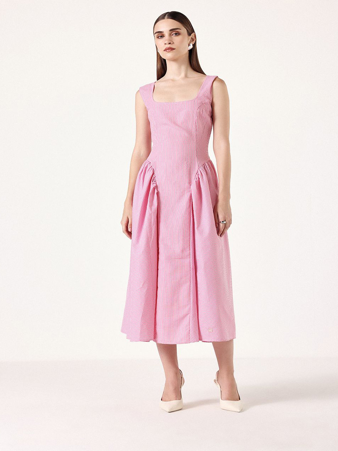 Muvazo Women Checked Drop-Waist Midi Dress