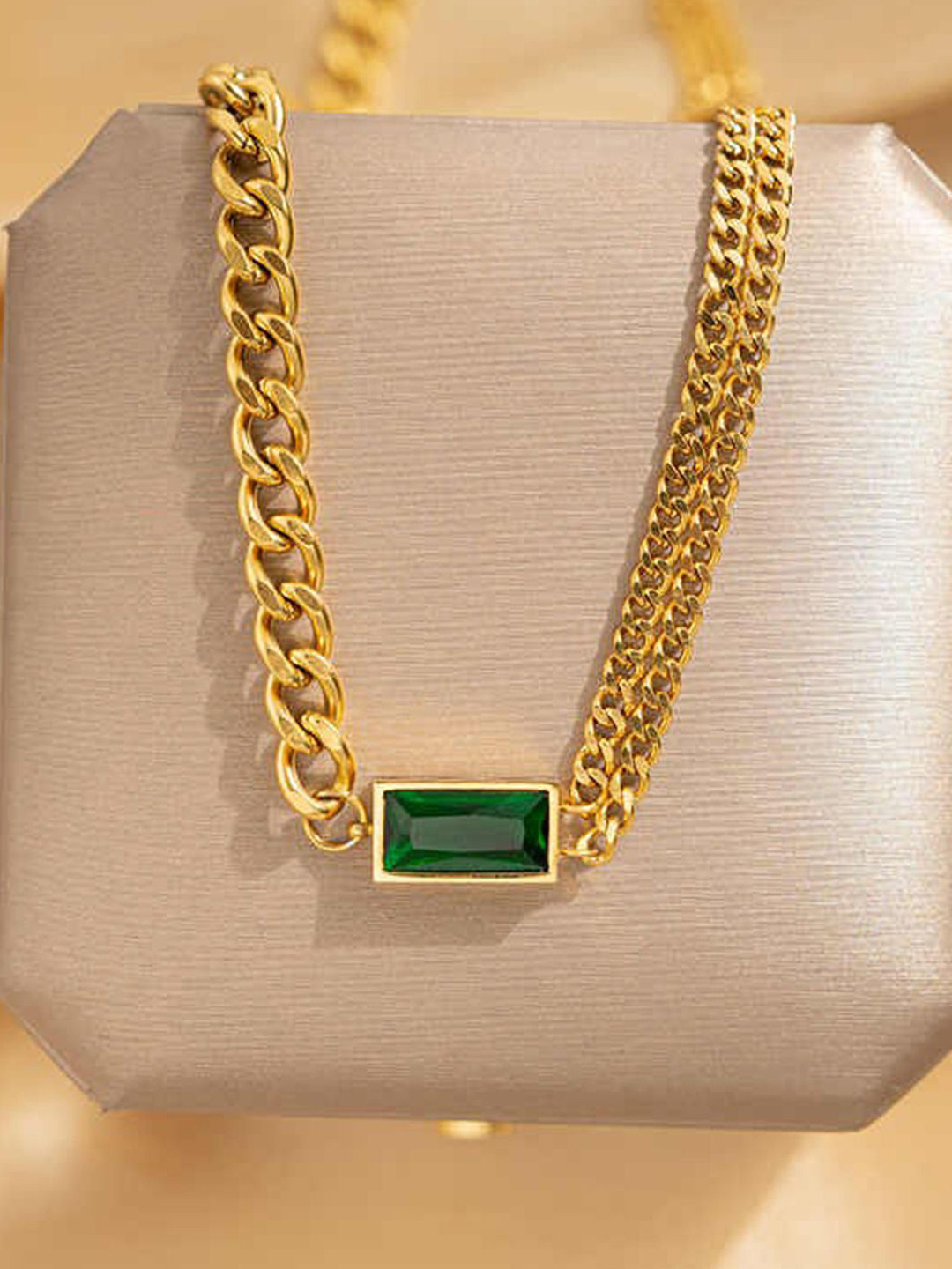 GOLDIWALA Stainless Steel Gold-Plated Crystals Studded Statement Geometric Shaped Chain