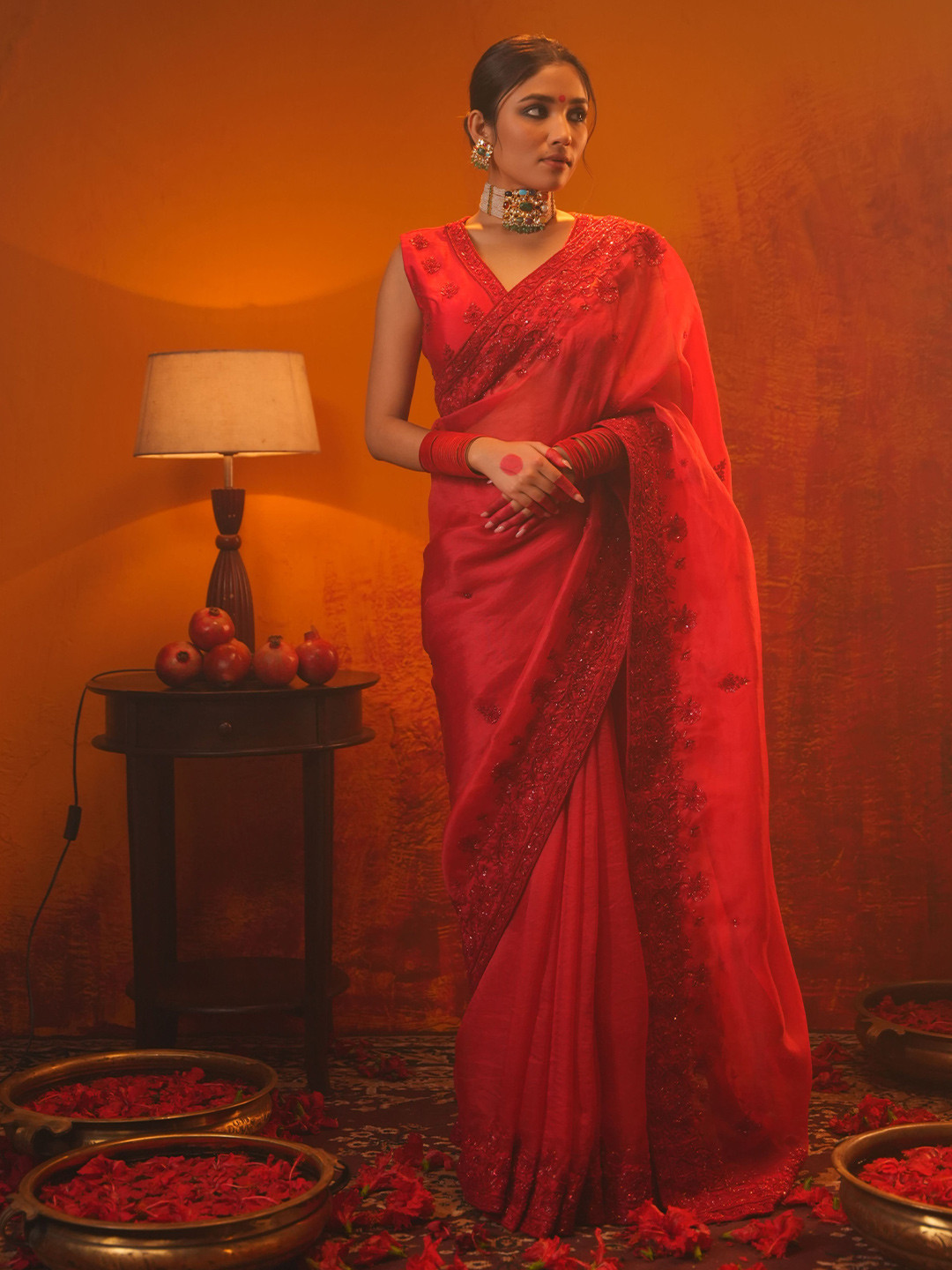 MIDUSHI BAJORIA Embellished Embroidered Organza Maheshwari Saree