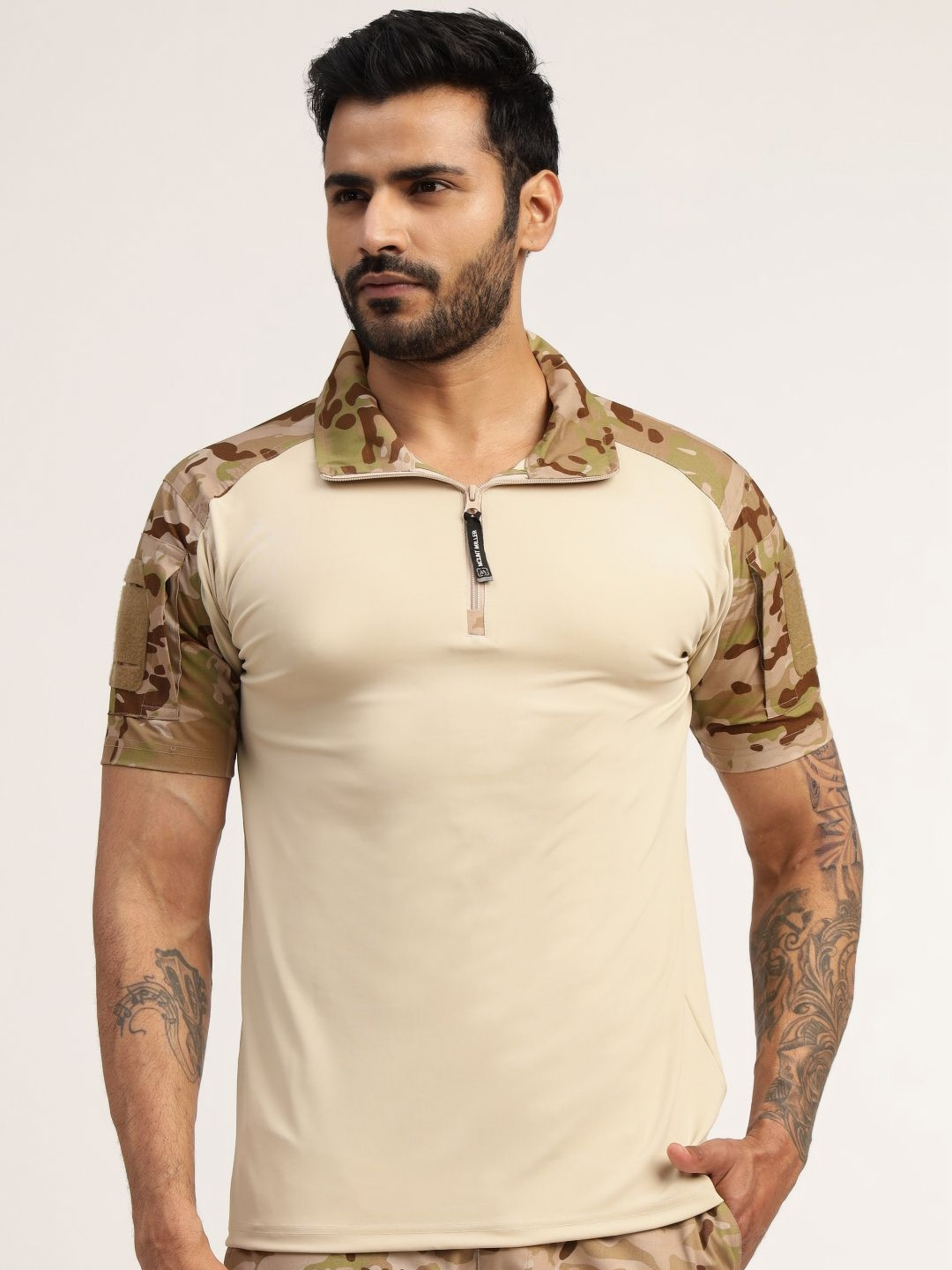 MOUNTMILLER Abstract Printed Polo Collar Pockets Cotton Tactical T-shirt