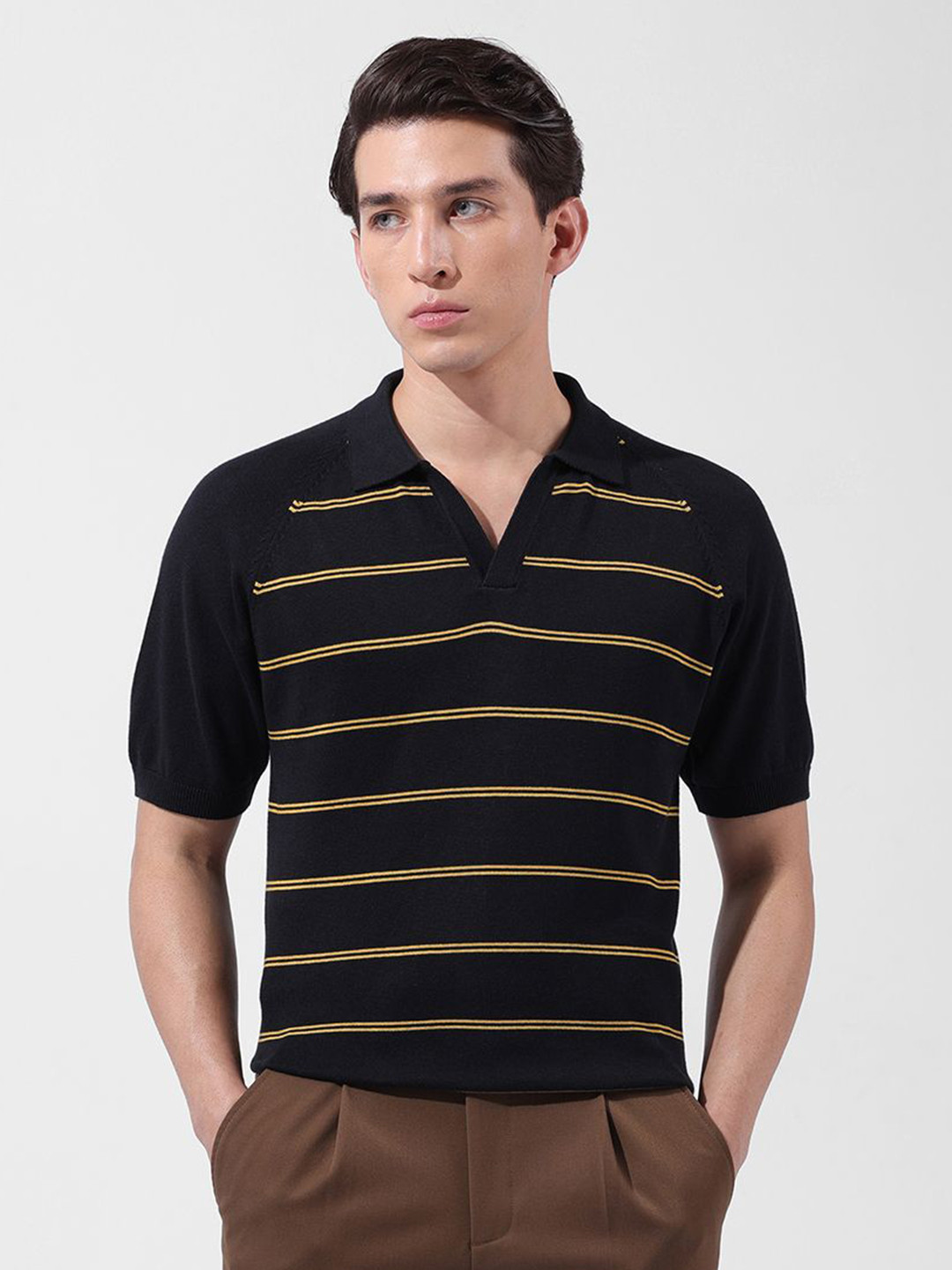 The Indian Garage Co Striped Polo Collar Raglan Sleeves Pure Cotton Slim Fit T-shirt
