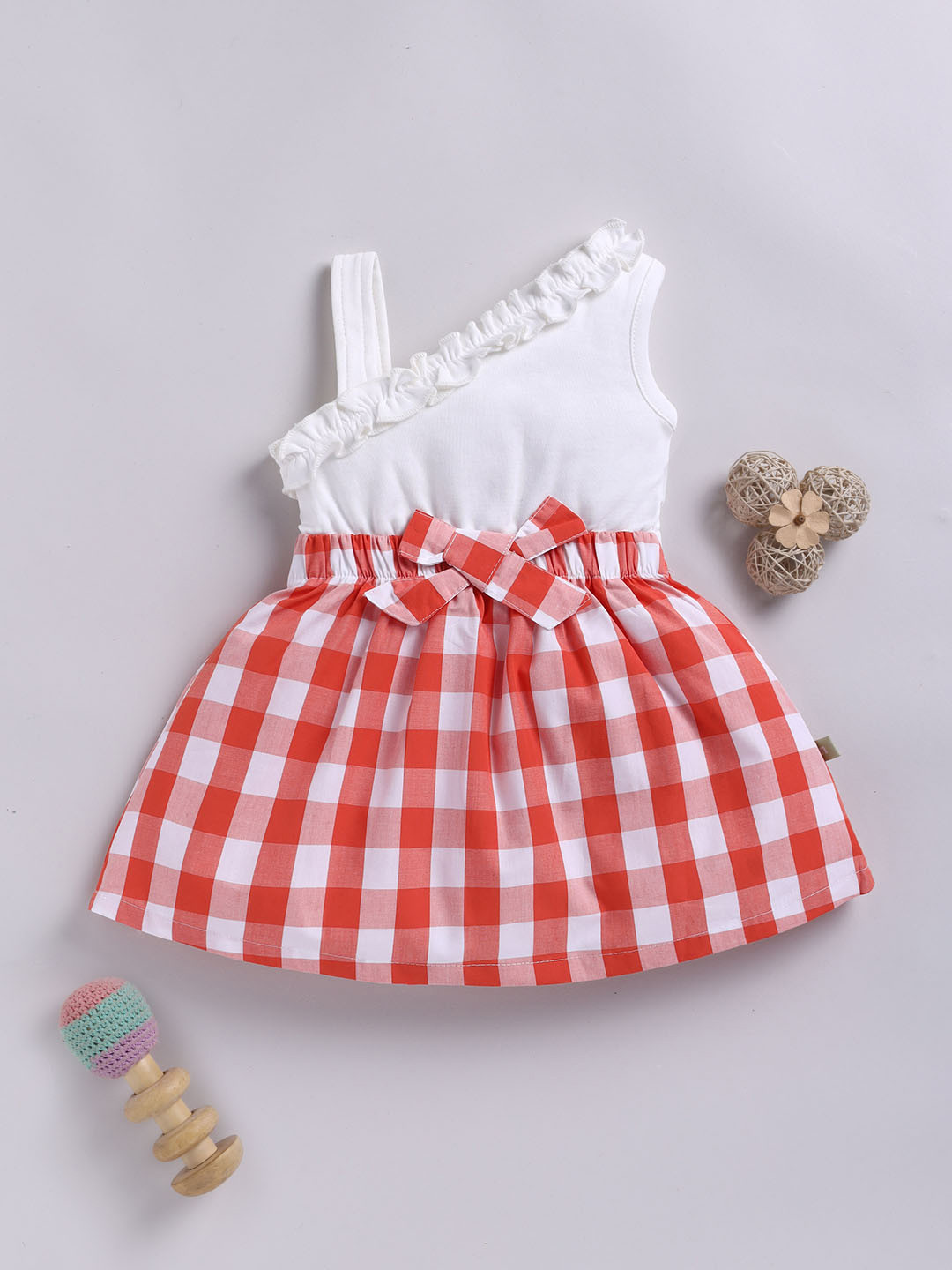 Moms Love Infant Girls Checked Pure Cotton Dress with Bow Detail