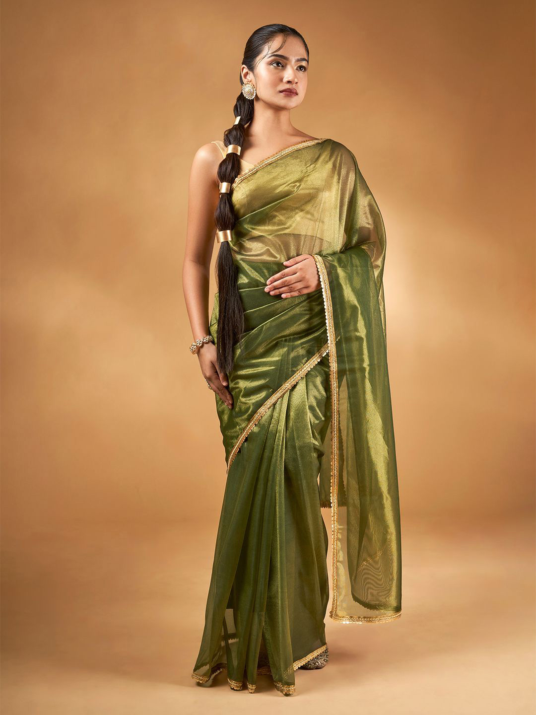 TEEJH Iraja Olive Green Net Saree