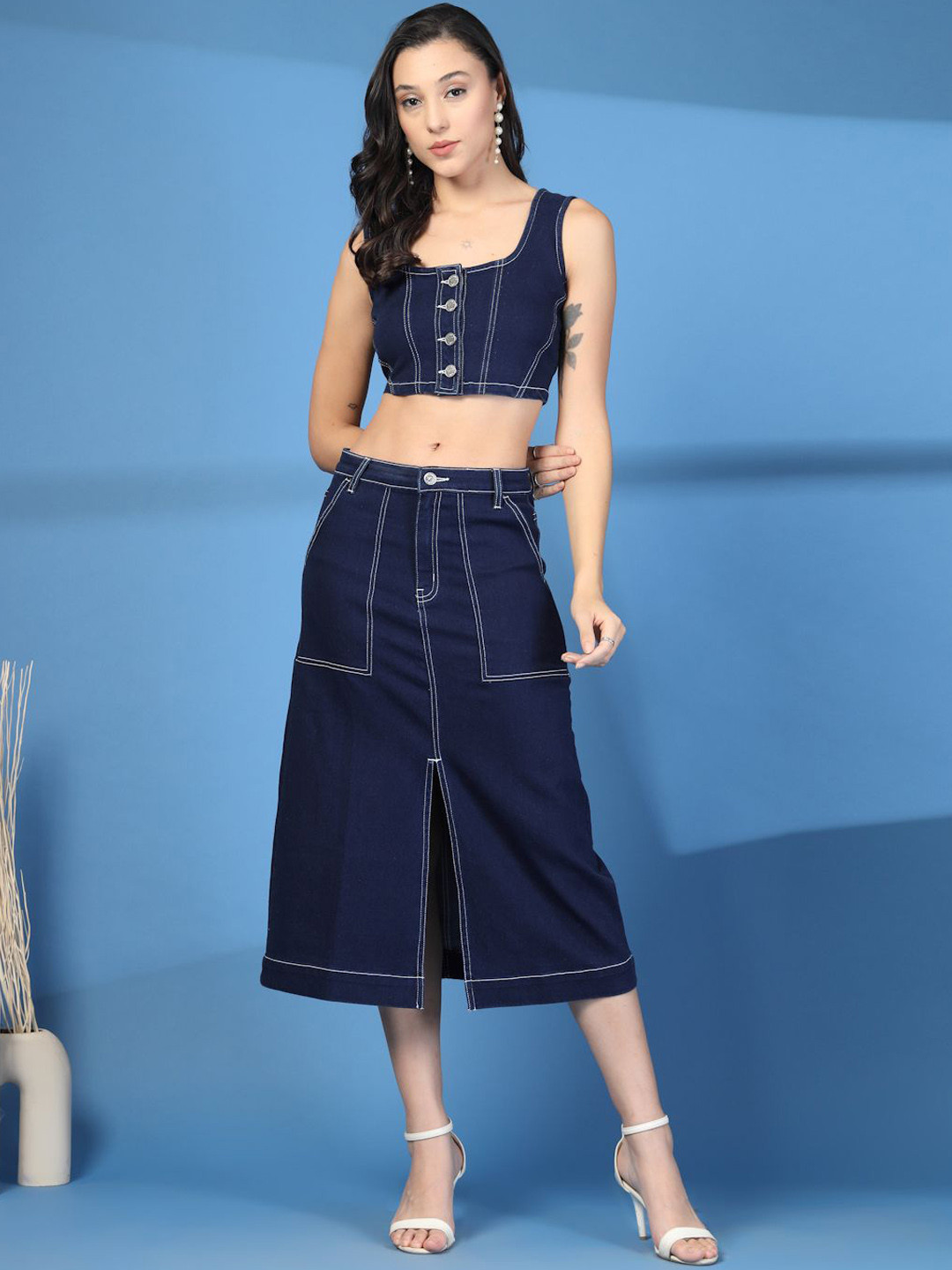 COSMIC TRIO Square Neck Top With Skirt