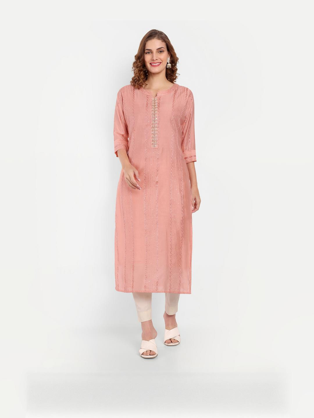 4u Fashion Women's Peach Round Neck Regular Straight Kurta