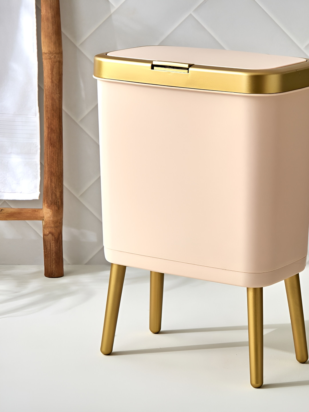 Home Centre Gold-Toned & Beige Bin With Stand -15L