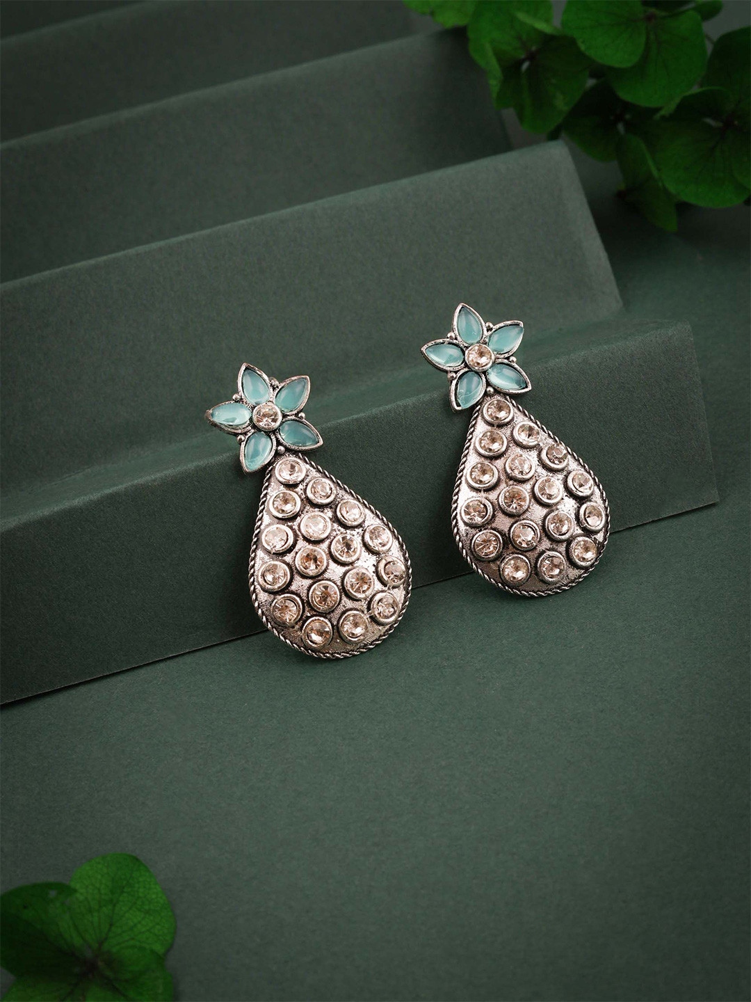 DIVASTRI Women's Sky Blue Silver Oxidized Leaf with Stone Detailing Stud Earring