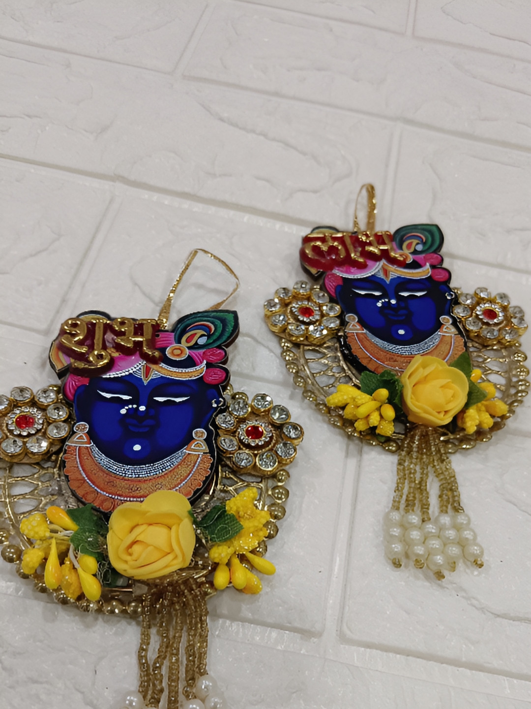 Sellplus 2-Pcs Blue & Yellow Embellished Shri Nath Shubh Labh Festive Decor