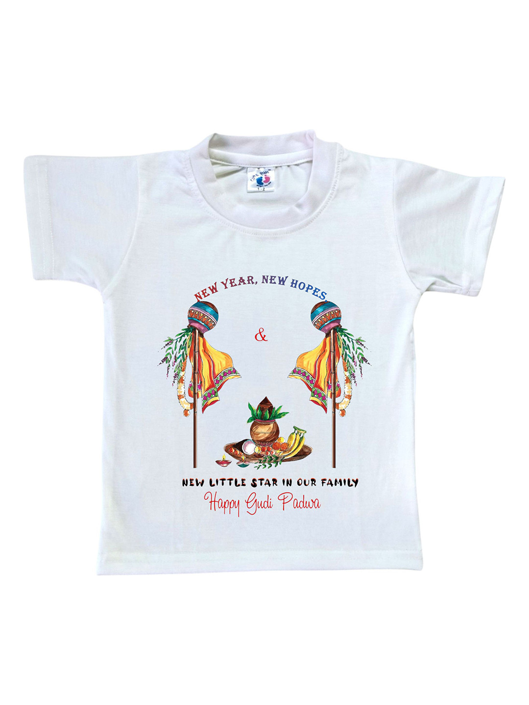 Cute Pals Girls White Gudi Padwa Printed  Round Neck Regular T-shirt