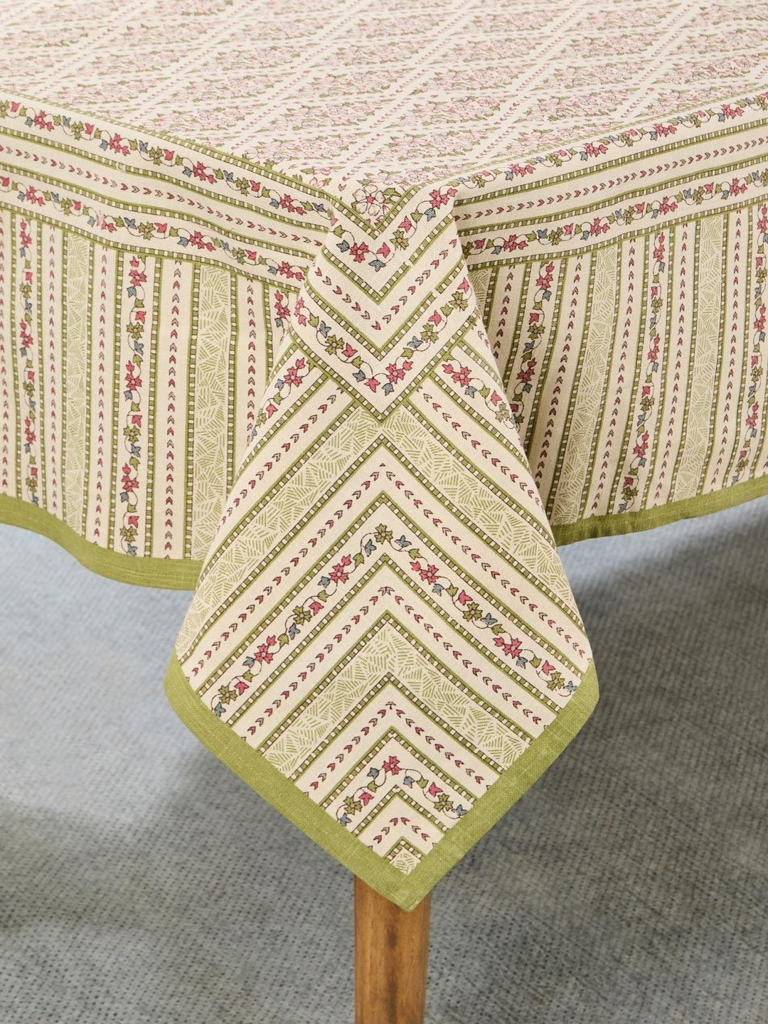 Fabindia Wabi Sabi Green & Beige Floral Printed Cotton 8 Seater Table Cover