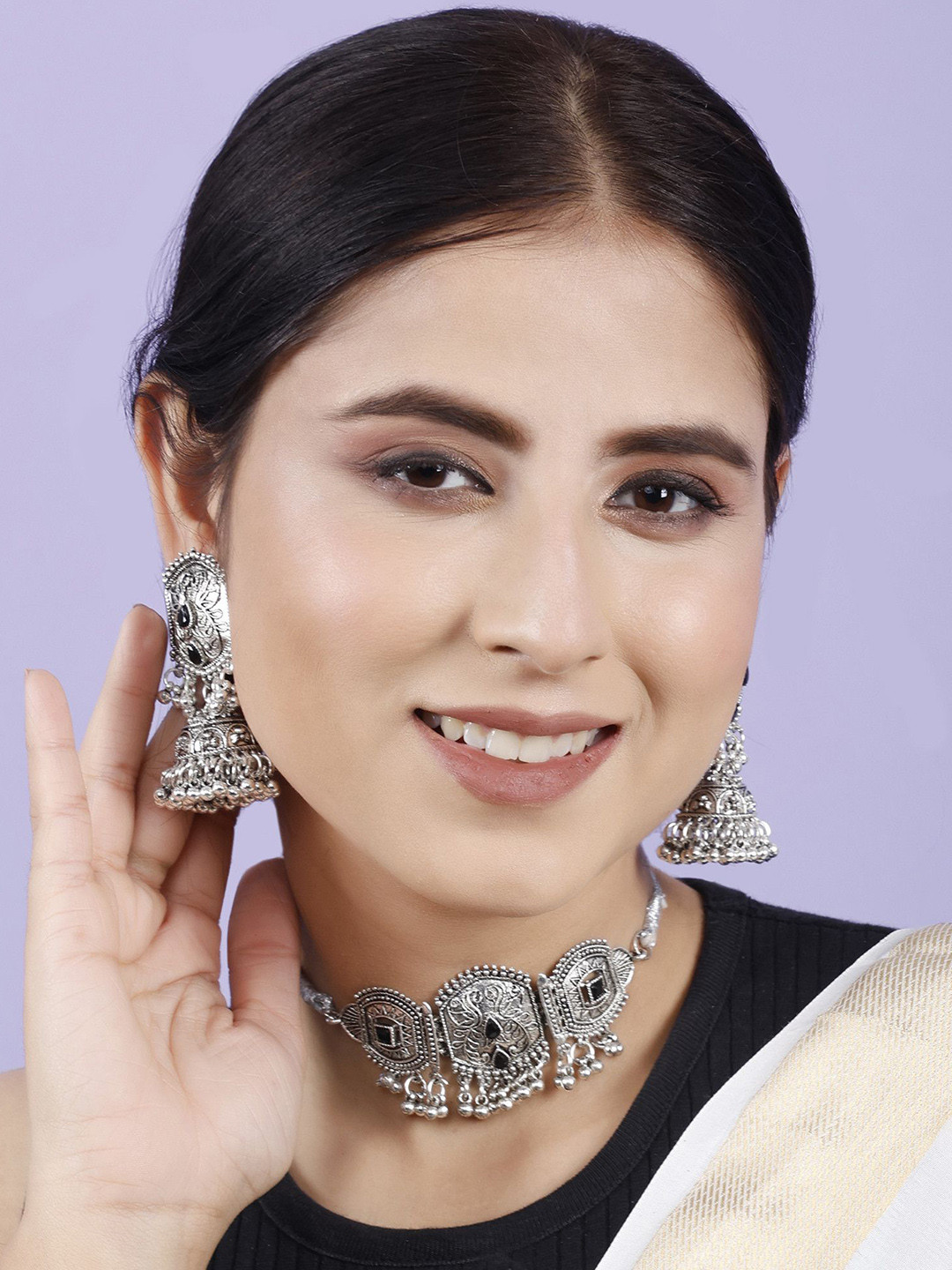 PUJVI Oxidized Silver Jewellery Set