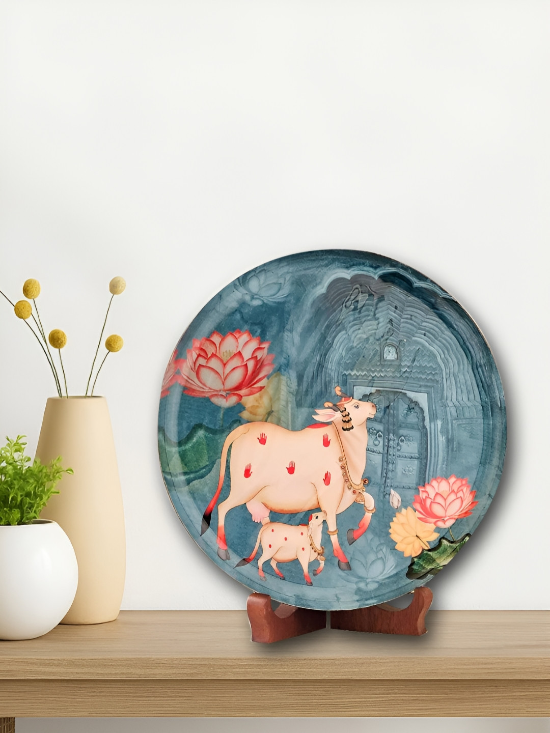 Aura Pichwai Divine Cow Serenity Metal Floral Glossy Hanging Hall Wall Plates-9.8In