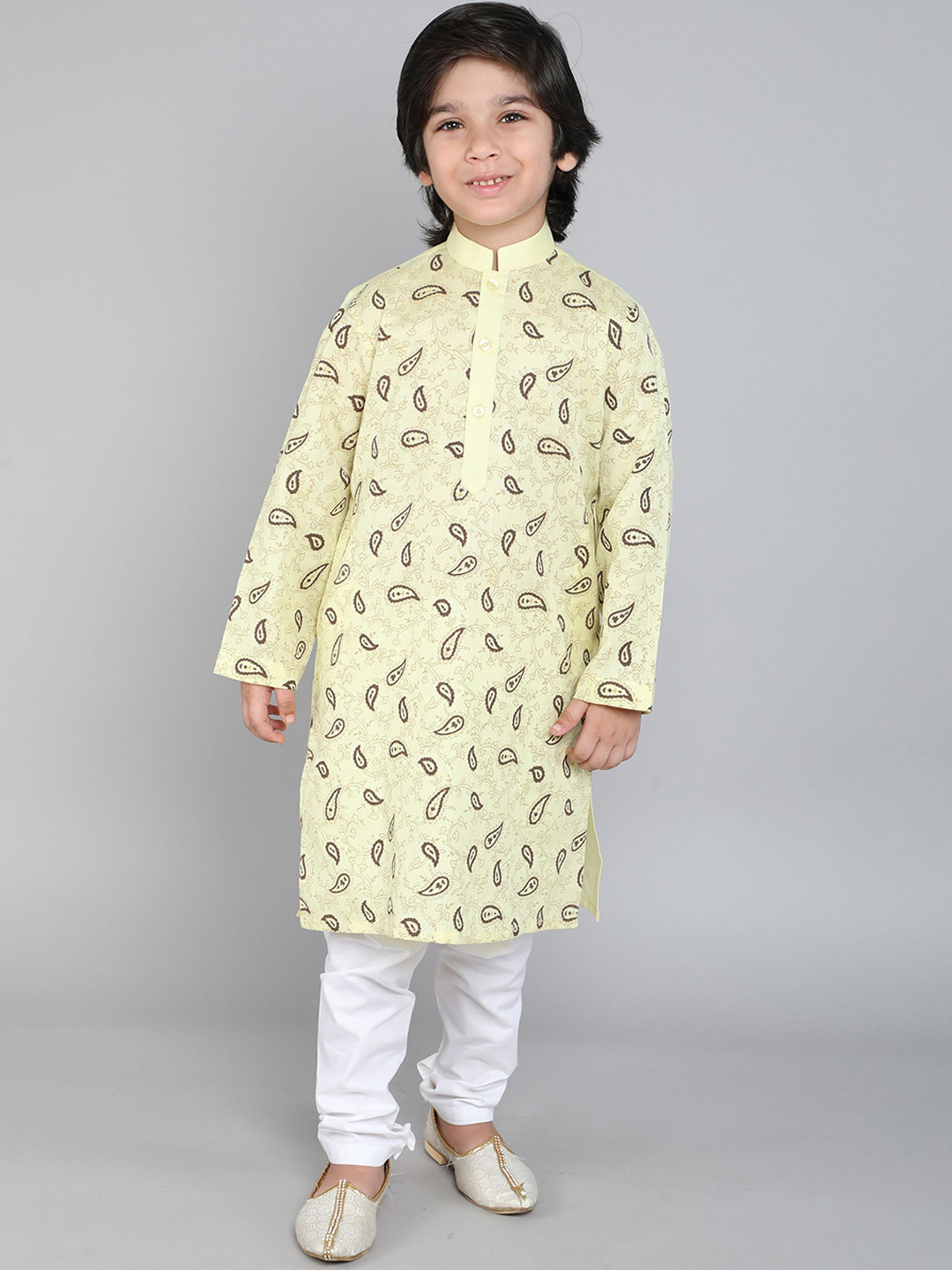 Little Clothings Yellow Boys Floral hand Block Print kurta Paired Contrasting Churidaar