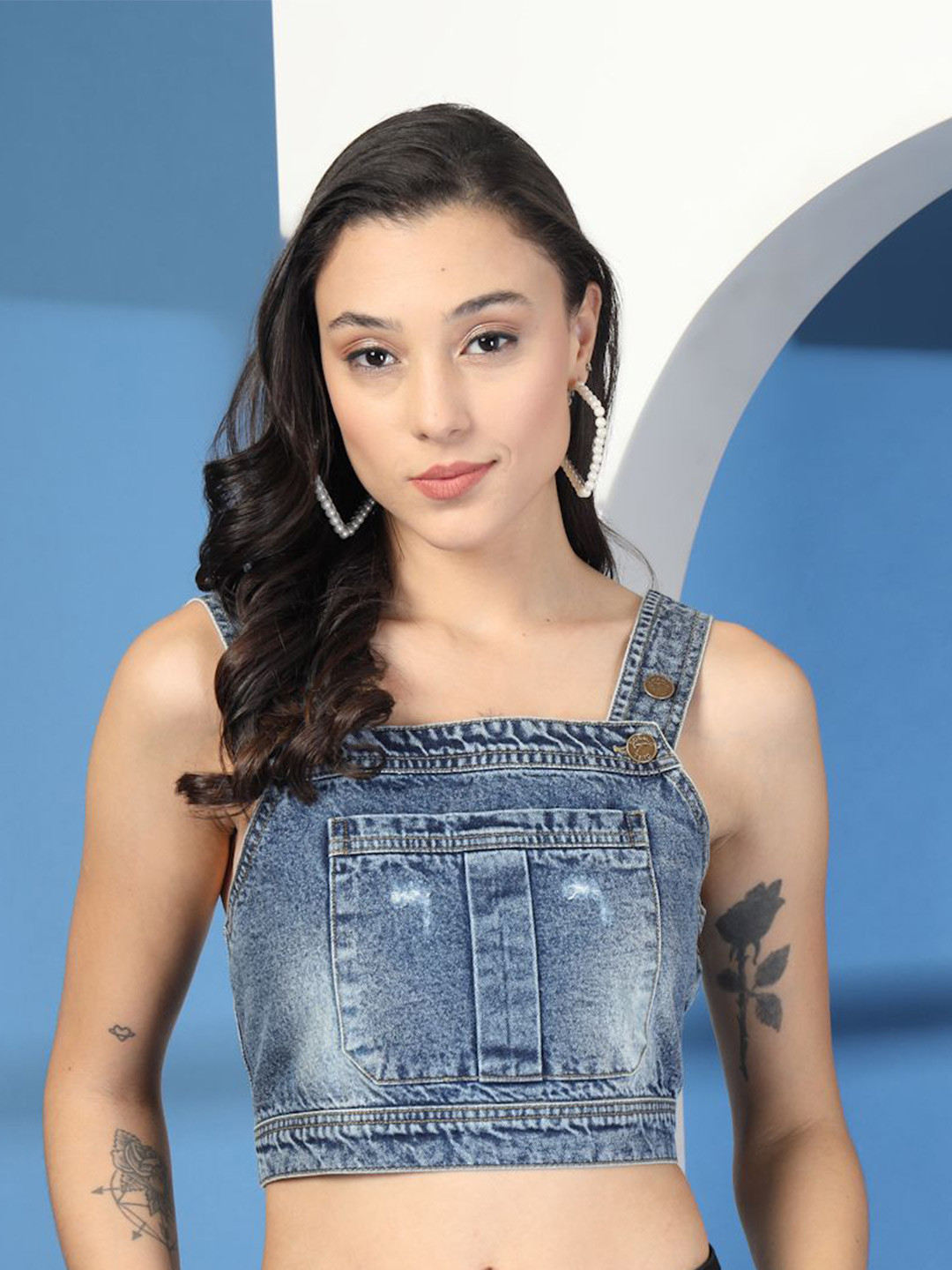 COSMIC TRIO Women Cotton Denim Utility Pockets Crop Top