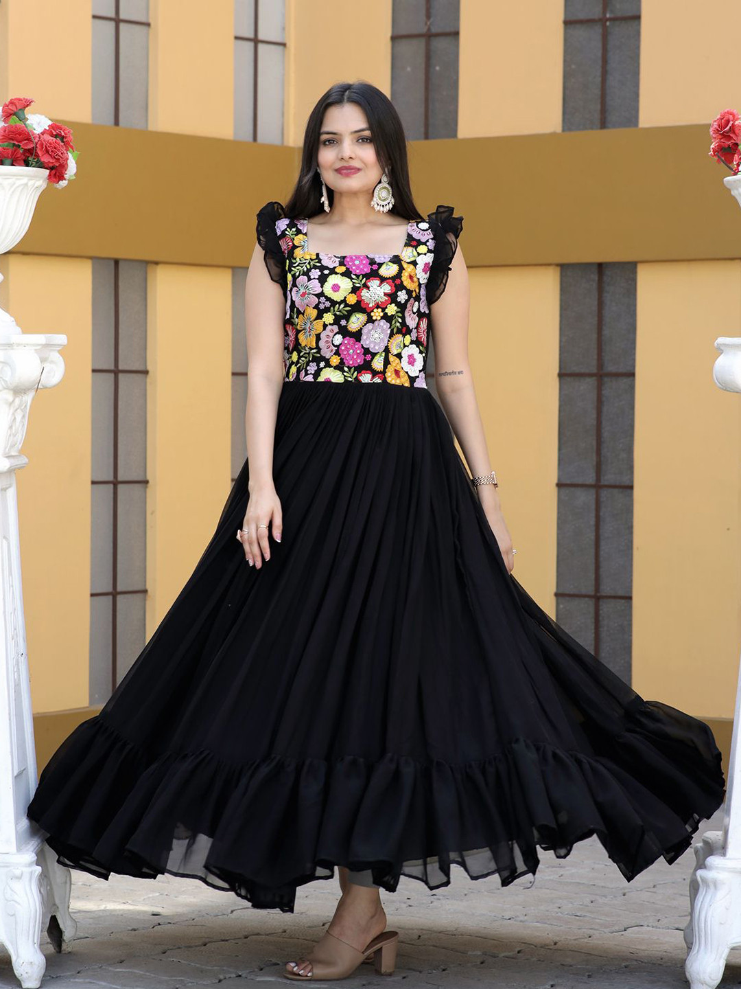 FoxDX Faux Georgette Sequence Embroidered Ankle Length Ethnic Dresses