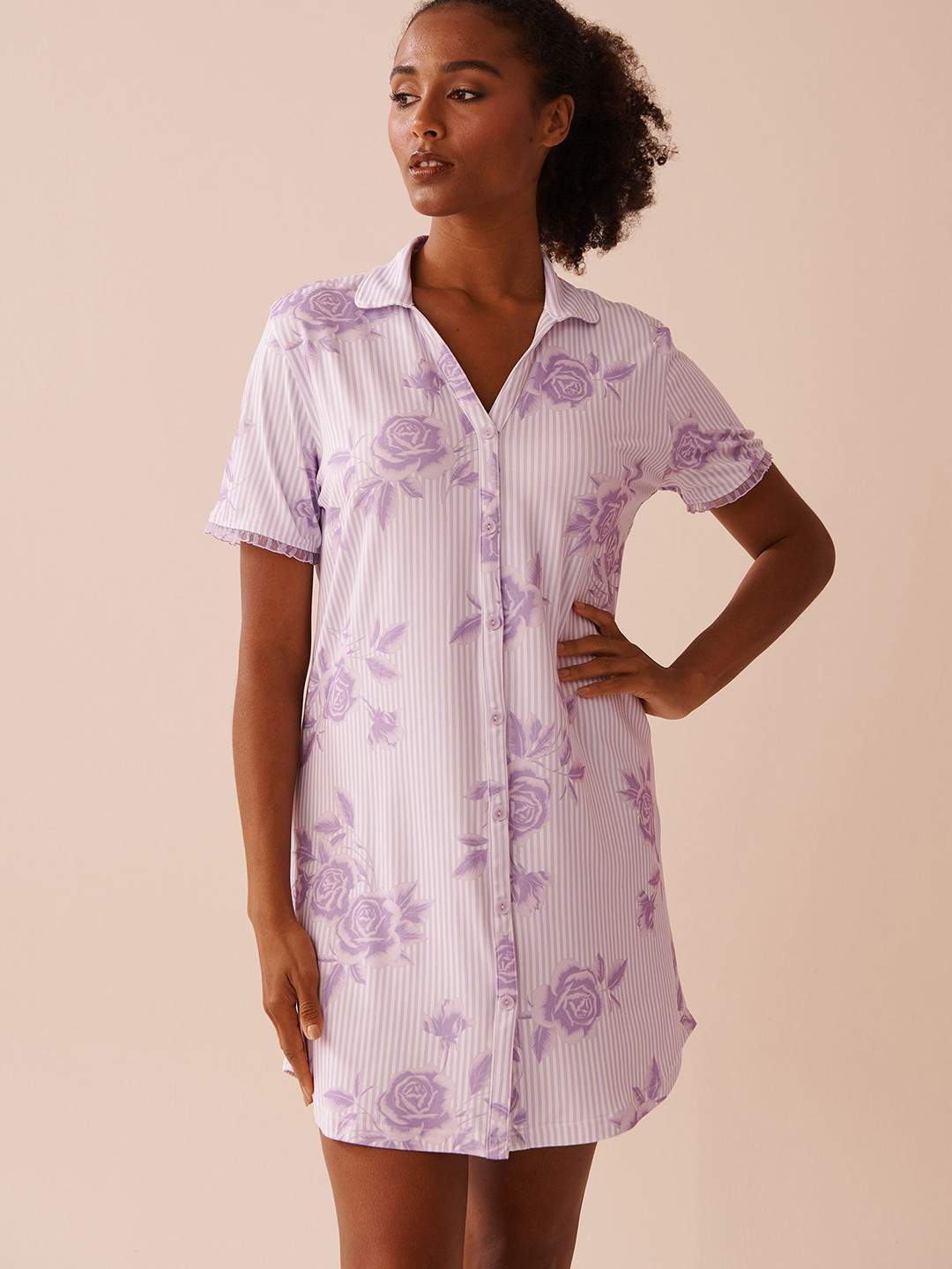La Vie en Rose Floral Printed Lapel Collar Shirt Nightdress