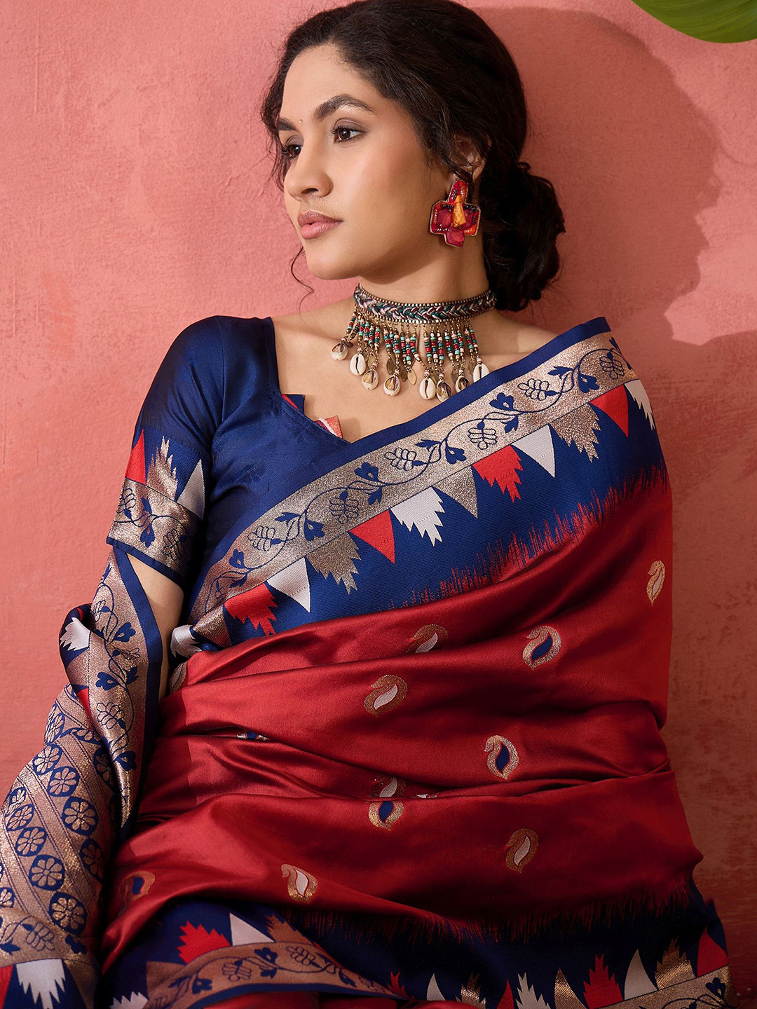 Leeza Store Geometric Woven Design Zari Banarasi Saree