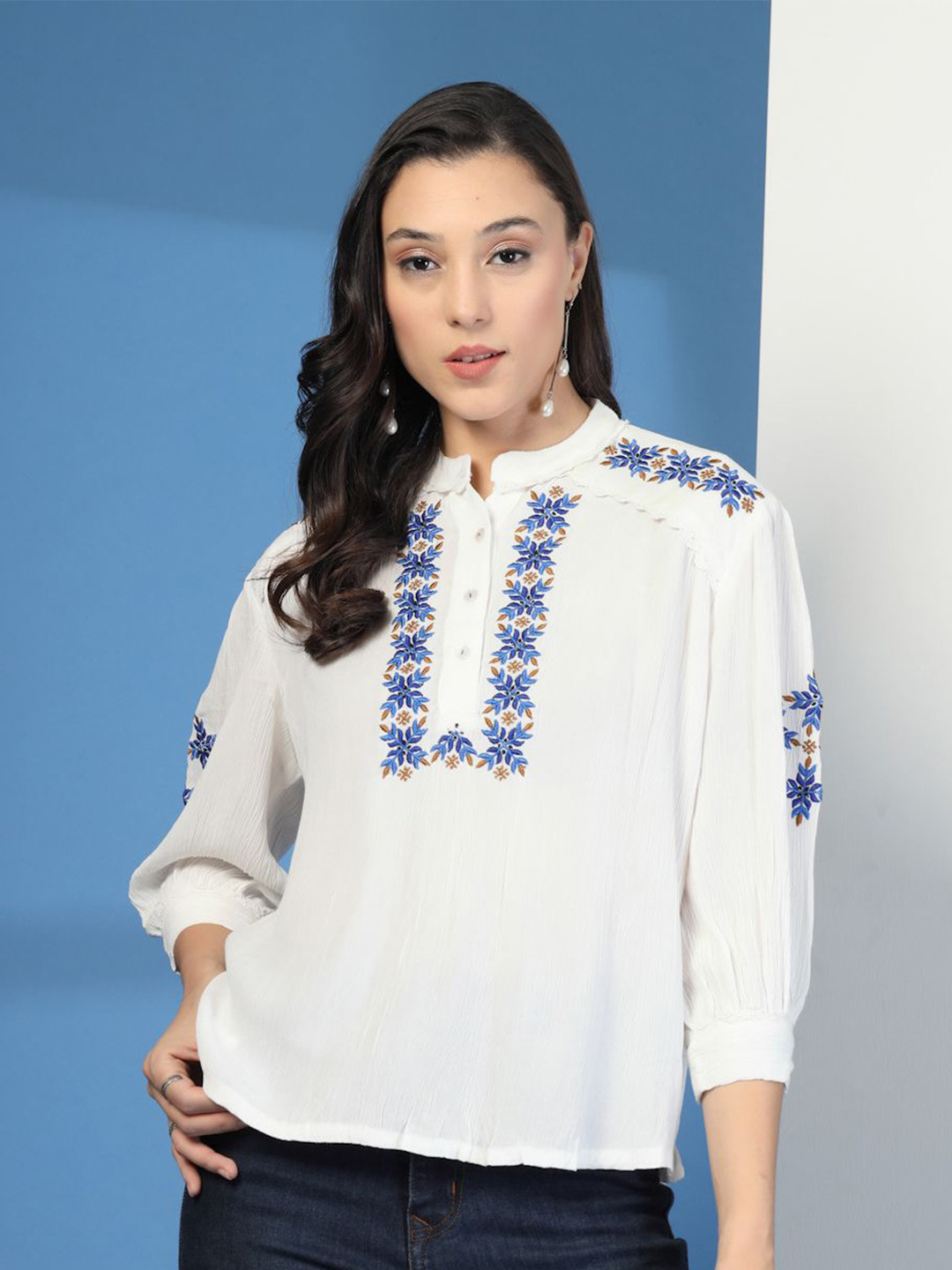 COSMIC TRIO Floral Embroidered Mandarin Collar Bishop Sleeves Top