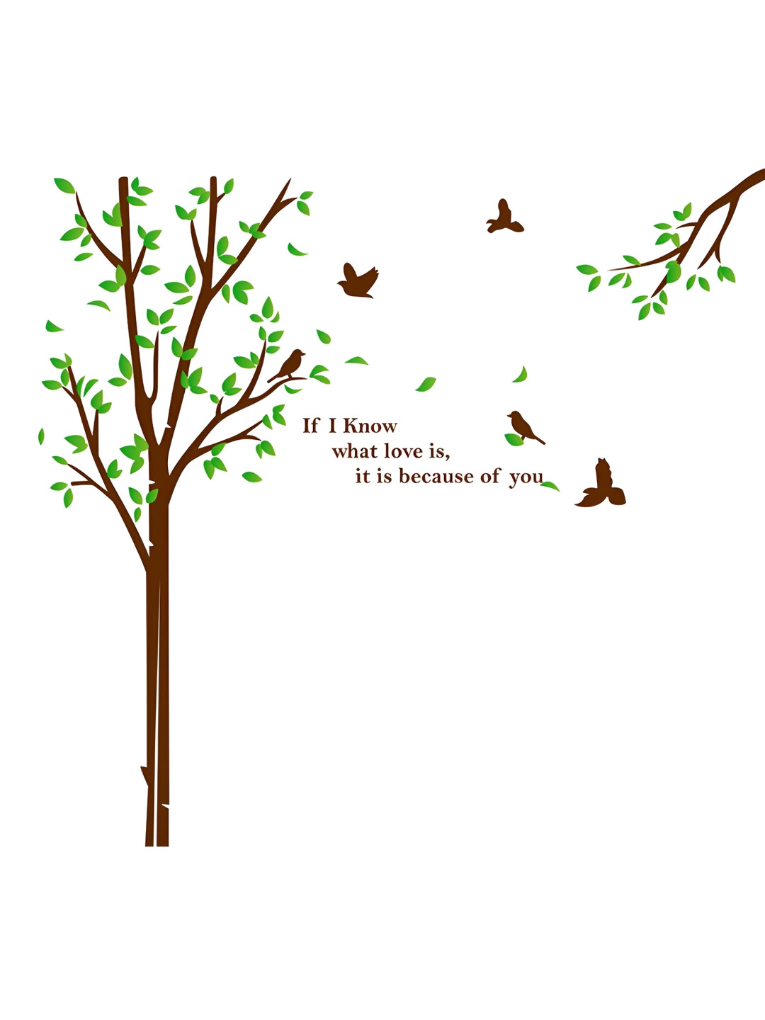 LANSTICK Green & Brown Tree With Birds Quotes Printed Wall Stcikers