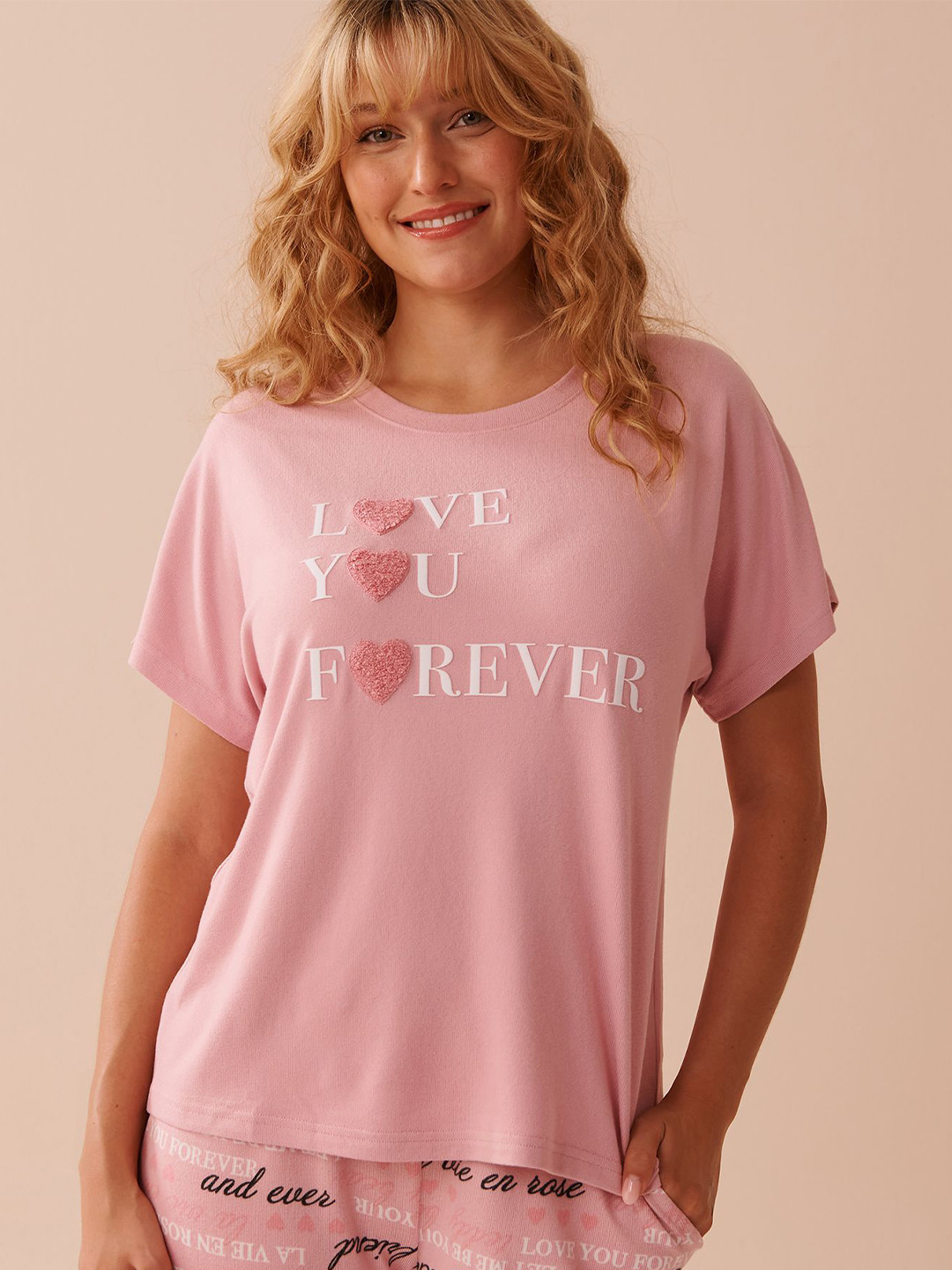 La Vie en Rose Heart & Letter Printed Crew Neck Lounge Tshirt
