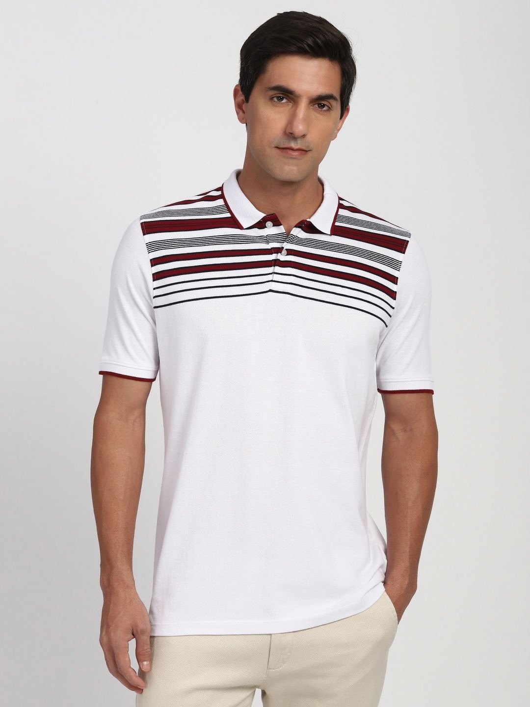 Peter England Striped Polo Collar Pockets Pure Cotton T-shirt