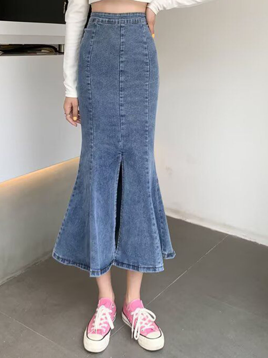 StyleCast x Revolte Denim Front-Slit Trumpet Midi Skirt